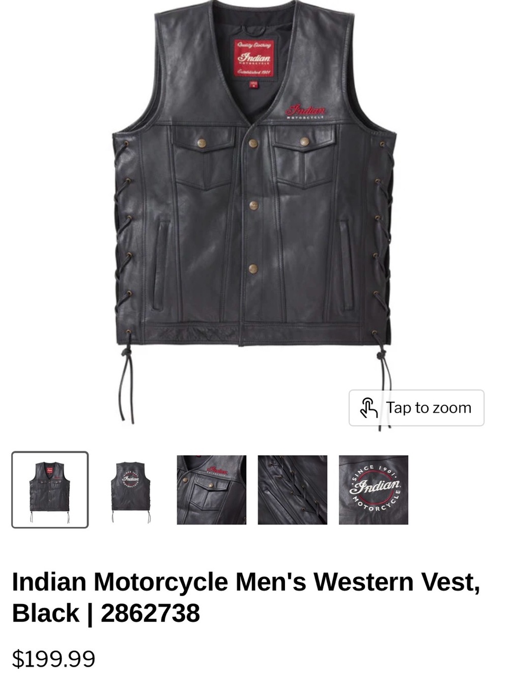 Indian Motorcycle Men’s Black Leather Vest - Classic Logo - Picture 4 of 13